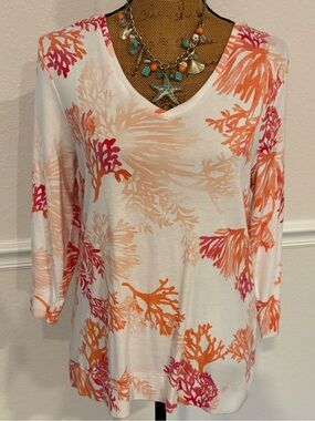 Chico's Coral Reef Print Top Ocean Motif Pima Cotton Pullover Shirt Large 2